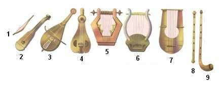 Instrumentos usados por músicos da antiga Grécia 1 e 2 - monocórdios; 3 e 4 - guitarras; 5 - cítara heptacorda; 6 - lira; 7 - cítara pentacorda; 8 e 9 - flautas